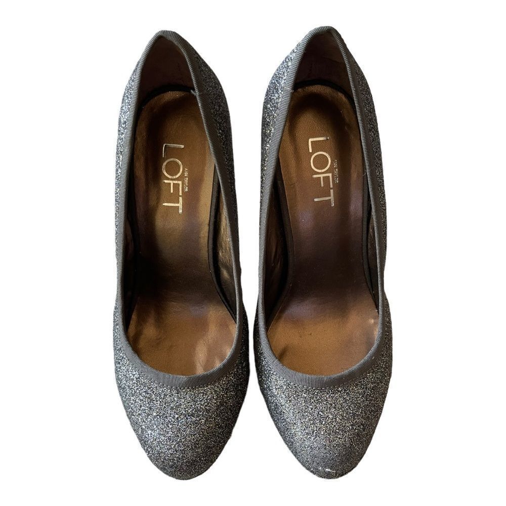 Ann Taylor LOFT Silver Sparkle Stiletto Heels Size 7 Round Toe Cocktail Formal